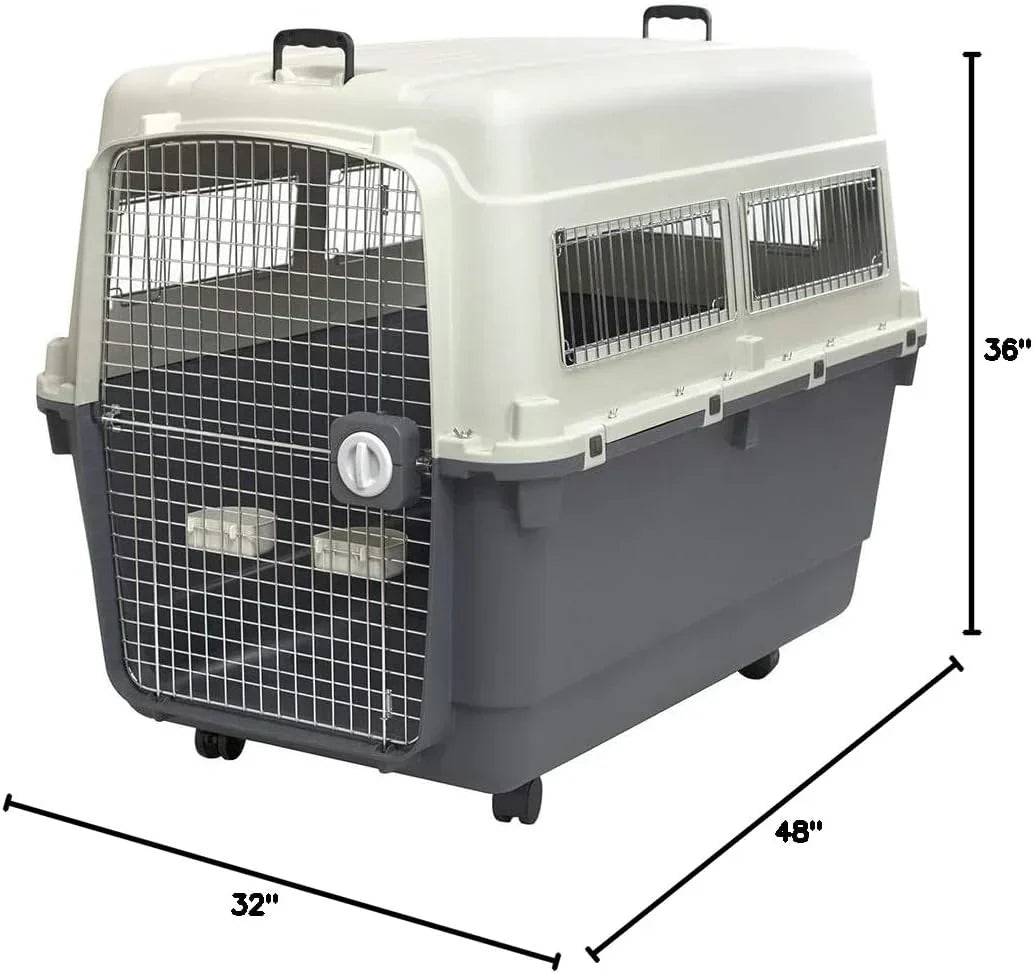 SportPet Designs Plastic Kennels Rolling Plastic Airline Approved Wire Door Travel Dog Crate, XXX-Large, Gray