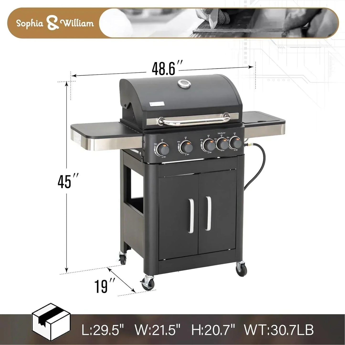 Burner Gas grill with side burner and enameled cast iron grille 42,000BTU outdoor cooking stainless steel propane grill Garden grill, silver