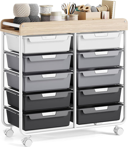 Rolling Storage Cart with 10 Large Drawers, Utility Cart with Wooden TableTop for Craft Organizers, Art Supply Storage, Home Office Organization, Cart with Wheels for Classroom, School, Green