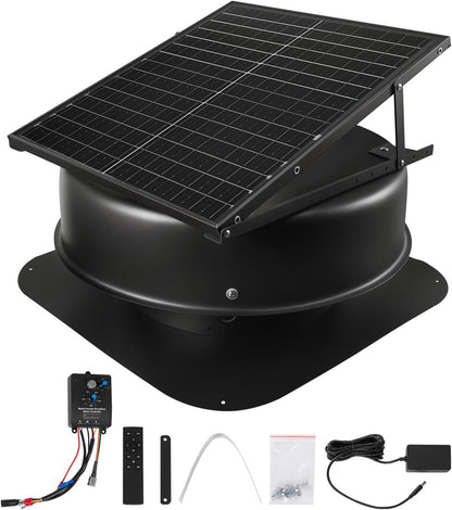 Roof attic exhaust fan, 50-watt intelligent solar roof ventilation fan, equipped with thermostat, remote control, 3000 cubic feet per minute airflow, built-in smoke sensor and automatic stop function (for cooling and dehumidification)