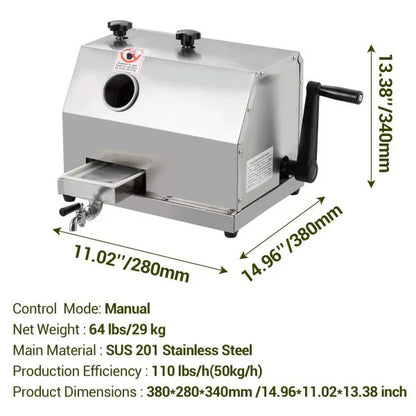Manual Sugar Cane Juicer Machine, Sugar Cane Press with 3 Stainless Steel Drums and 2.4-inch Large Inlet, Sugarcane Juice Machine with 110LBS/H, Suitable for Home/Commercial Use