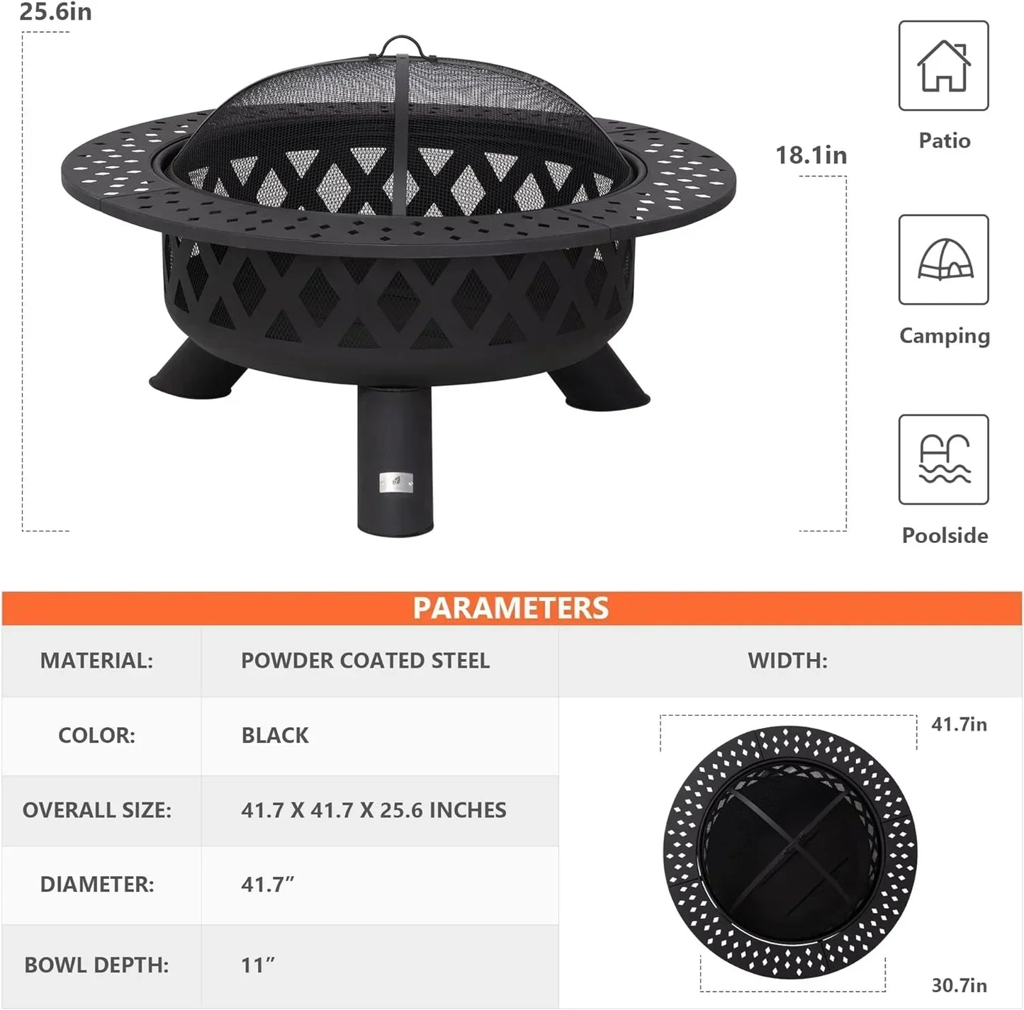 SUNCREAT 42” Patio Fire Pit Wood Burning with Mesh Spark Screen, Bonfire Outdoor firepit with Fireplace Poker, Black