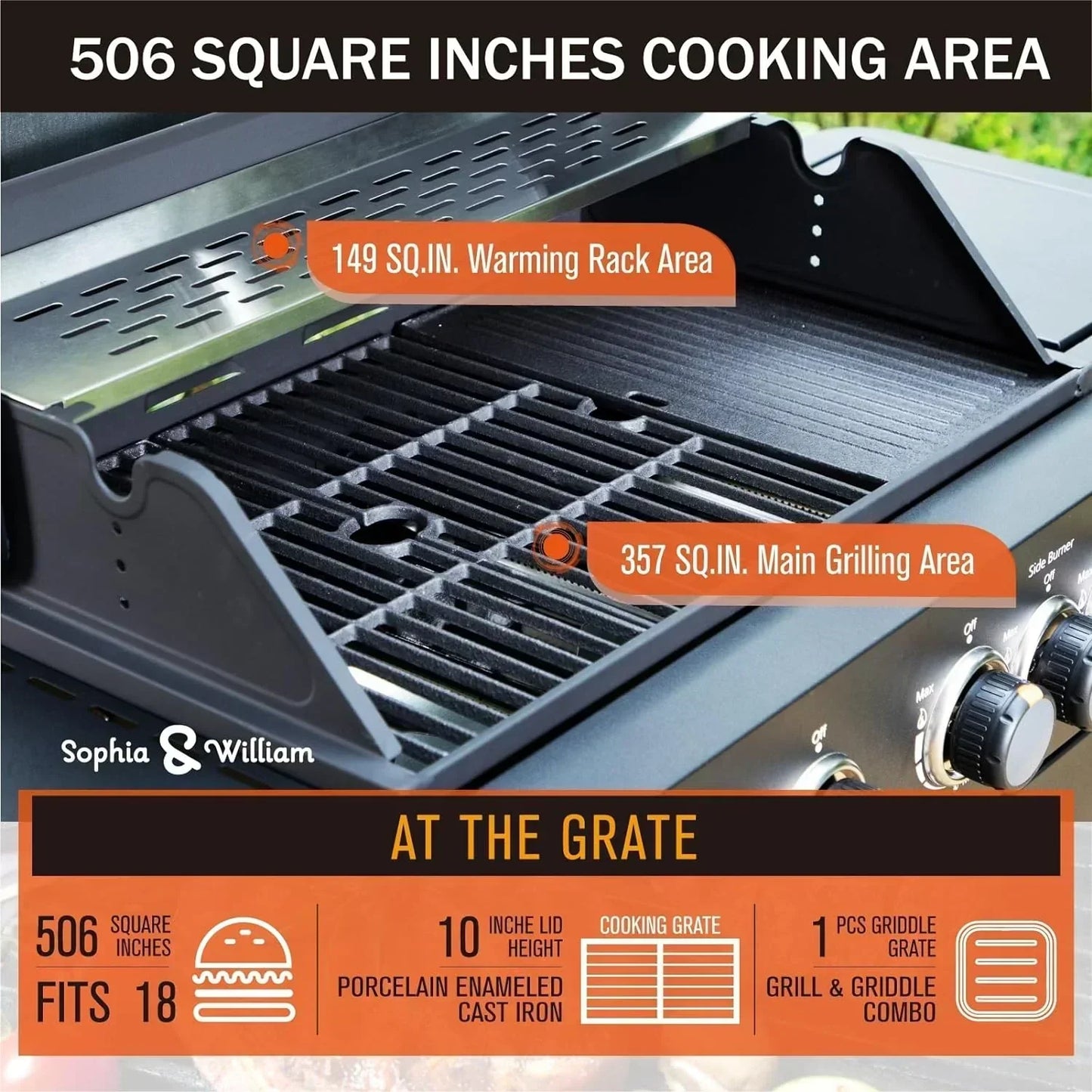 Burner Gas grill with side burner and enameled cast iron grille 42,000BTU outdoor cooking stainless steel propane grill Garden grill, silver