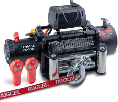 RUGCEL WINCH 12000lb 12V Truck Waterproof Electric Black Steel Rope Electric Winch with Roller Fairlead,Wired Handle,2 Infrared Remote Control, Trailer Winch