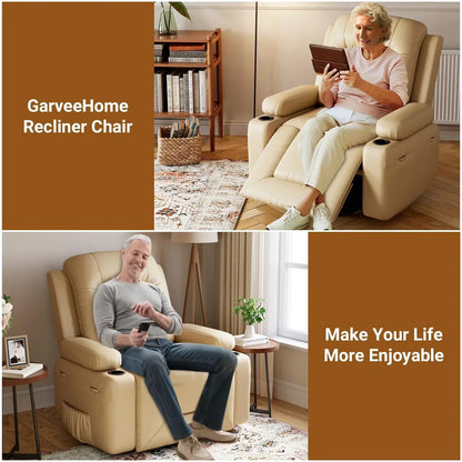 PU Leather Power Lift Recliner Chair With Massage and Heat, Adjustable Furniture for Back, Legs w/ 3 Positions, Usb Port, Side Pocket (Beige, 27 Seat Width+Cup Holders)