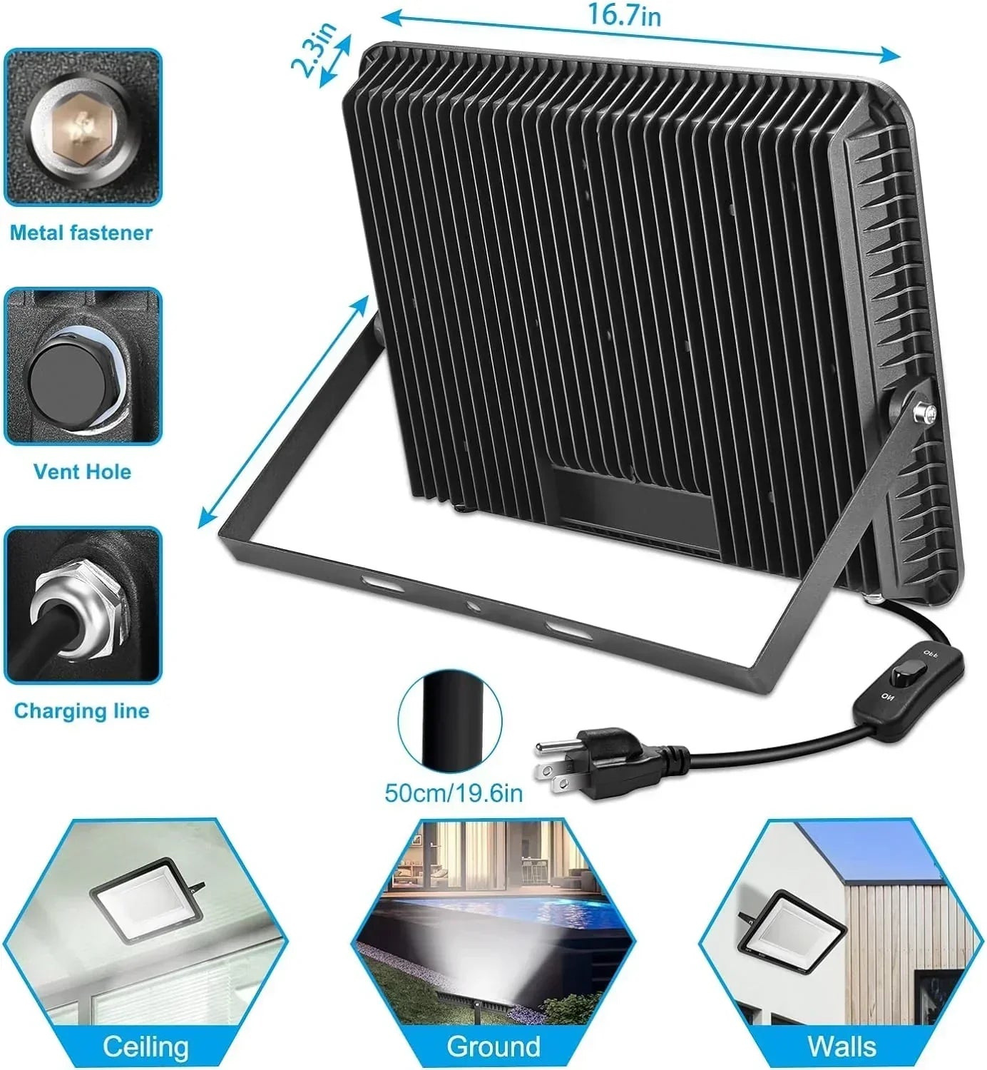 3 Pack 200W LED Flood Light,Super Bright Exterior Security Lights With Plug,IP66 Waterproof Outdoor Flood Light, 22800lm 5000K Daylight White Floodlight for Yard, Garden,Basketball Court, Arena