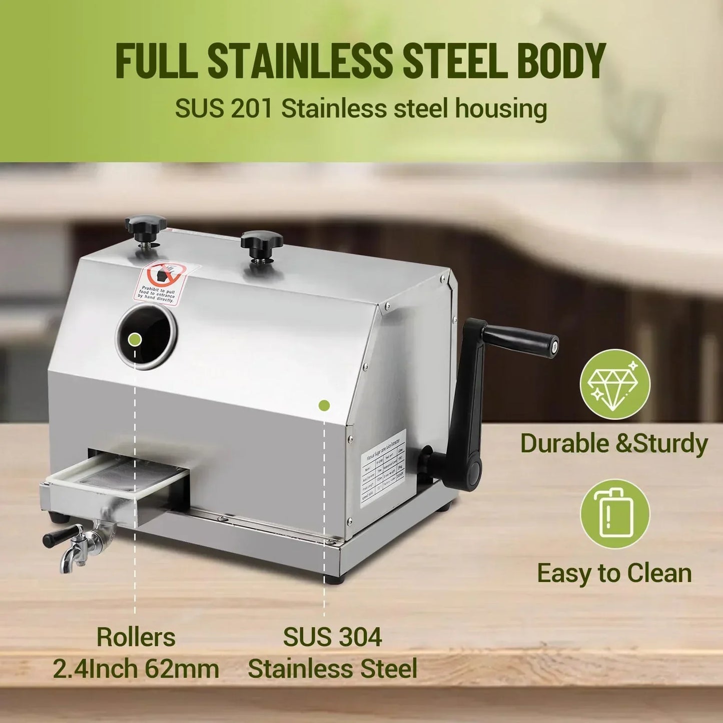 Manual Sugar Cane Juicer Machine, Sugar Cane Press with 3 Stainless Steel Drums and 2.4-inch Large Inlet, Sugarcane Juice Machine with 110LBS/H, Suitable for Home/Commercial Use