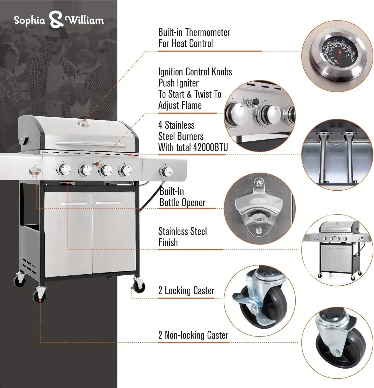 Burner Gas grill with side burner and enameled cast iron grille 42,000BTU outdoor cooking stainless steel propane grill Garden grill, silver