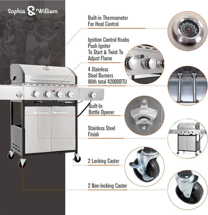 Burner Gas grill with side burner and enameled cast iron grille 42,000BTU outdoor cooking stainless steel propane grill Garden grill, silver