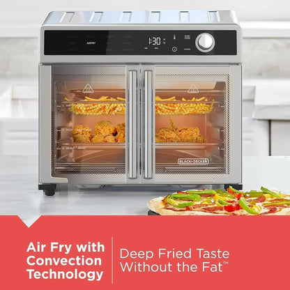 Air Fryer Toaster Oven Combo, 12 in 1 Countertop Convection Oven Cooks Food Fast, Fits a Whole Pizza or 6 Toast Slices, French Doors with Stainless Steel Finish.