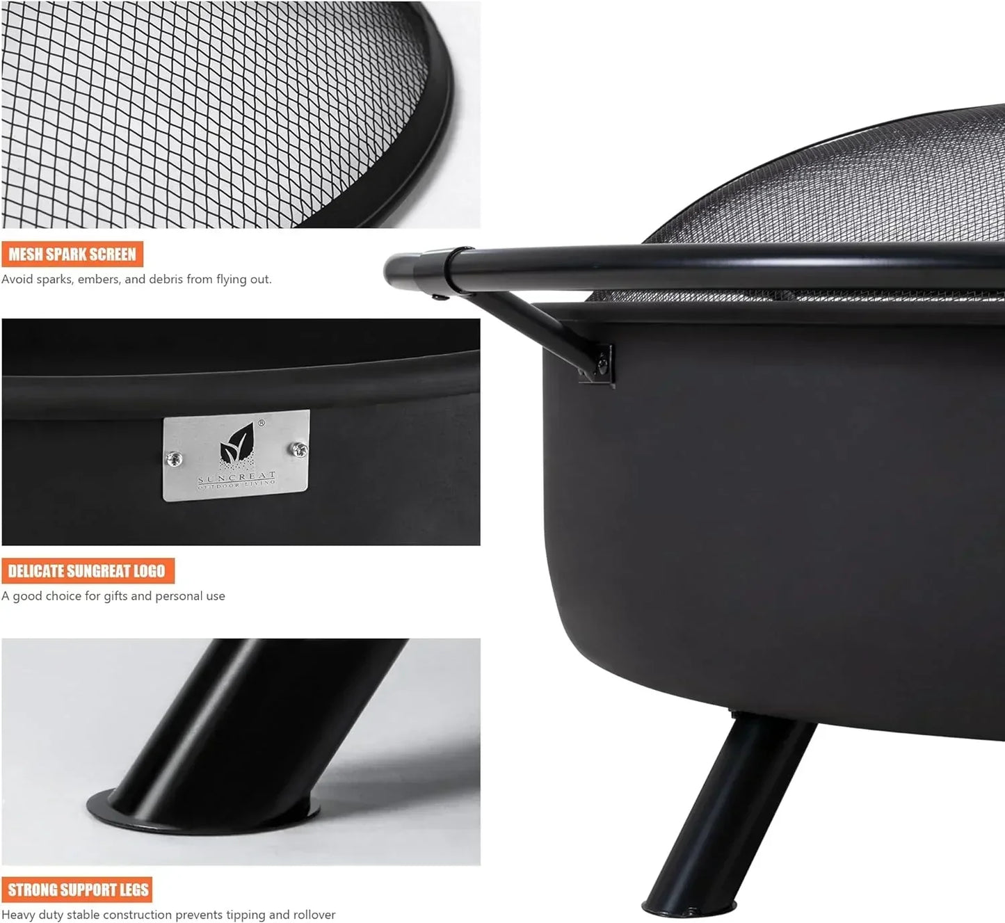 SUNCREAT 42” Patio Fire Pit Wood Burning with Mesh Spark Screen, Bonfire Outdoor firepit with Fireplace Poker, Black