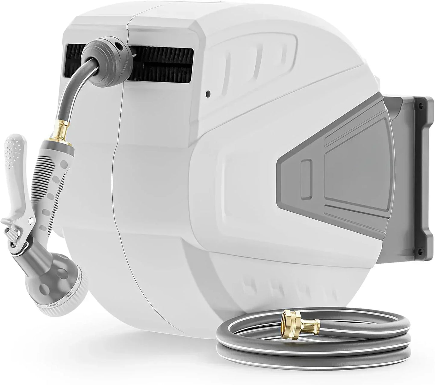 Retractable Garden Hose Reel,1/2 in x 100 ft Wall Mounted Hose Reel, with 9- Function Sprayer Nozzle, Any Length Lock/Slow Return System/Wall Mounted/180掳Swivel Bracket (Grey)