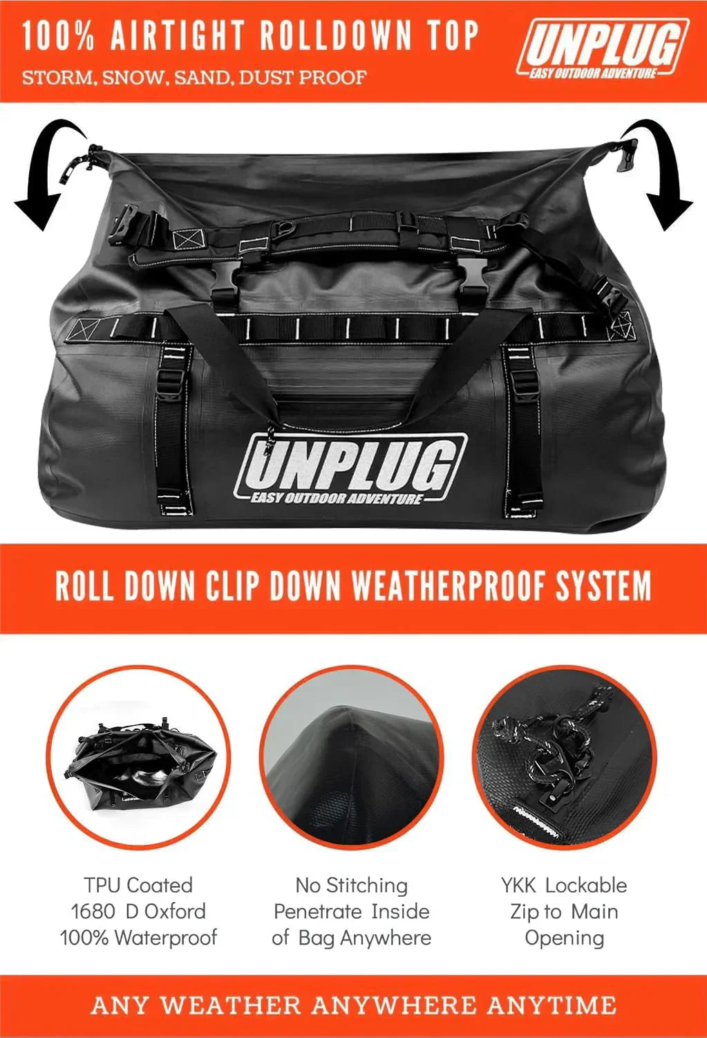 Ultimate Adventure Bag -1680D Heavy Duty Waterproof Travel Duffel Bags for Camping, Motorcycle Dry Bag, Waterproof Bags for Boating, Waterproof Duffle Backpack,Tactical Duffle Bag