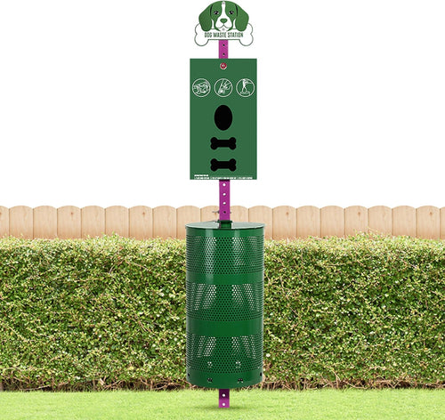 Outdoor version of dog feces collection station - Pet feces collection station with feces bag dispensers - Dog-shaped sign - Large trash can 400 rolls, 200 ziplock bags and 50 reusable bags - Outdoor pet feces collection system