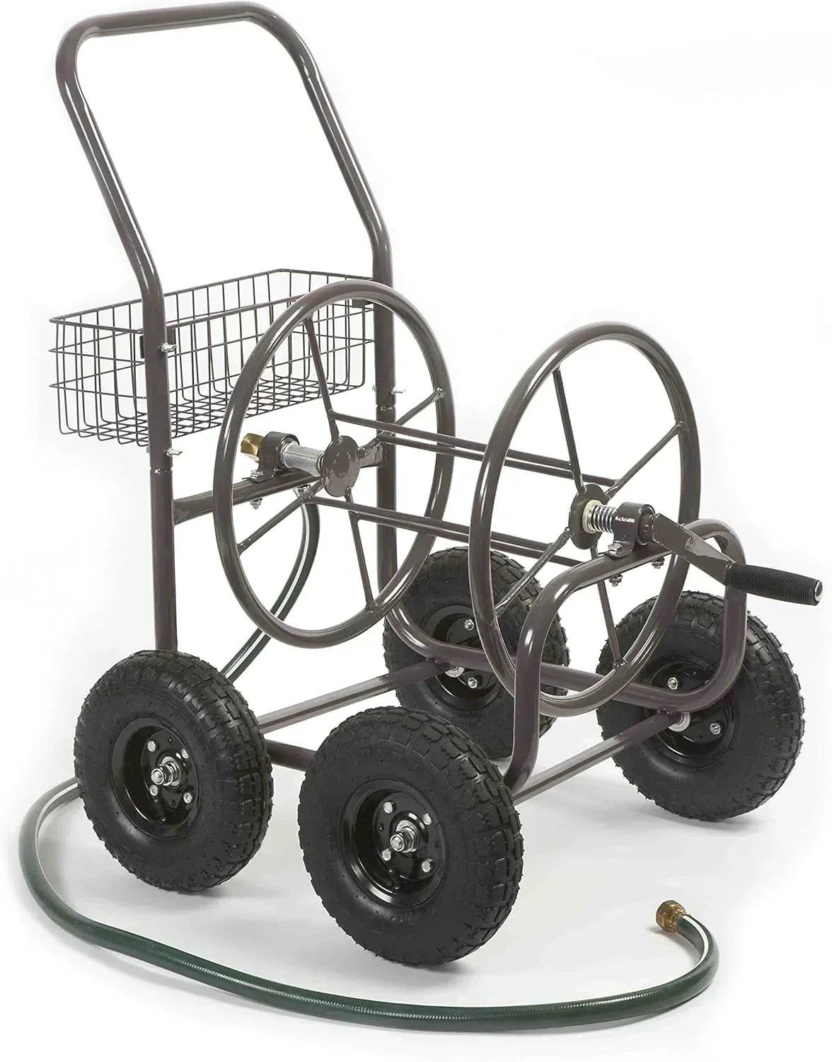 Residential Grade Four Wheel 250 Foot Capacity Steel Frame Water Hose Reel Cart with Basket for Backyard, Garden, or Home, Brown, Bronze