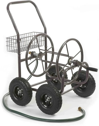 Residential Grade Four Wheel 250 Foot Capacity Steel Frame Water Hose Reel Cart with Basket for Backyard, Garden, or Home, Brown, Bronze
