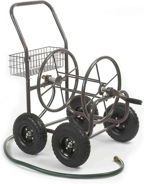 Residential Grade Four Wheel 250 Foot Capacity Steel Frame Water Hose Reel Cart with Basket for Backyard, Garden, or Home, Brown, Bronze