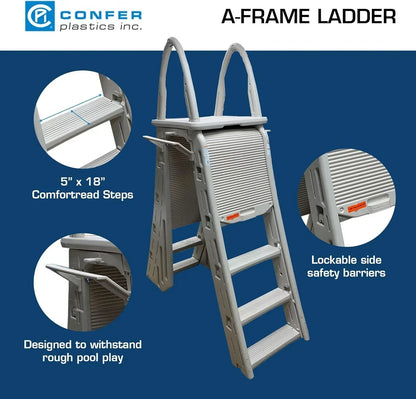 Confer Plastics 7200 Roll Guard 48" to 56" Adjustable A Frame Safety Ladder For Above Ground Outdoor Patio Swimming Pool Platform Ladder with Step Barrier, Warm Grey