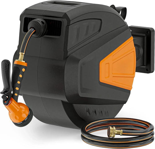 Retractable Garden Hose Reel,1/2 in x 100 ft Wall Mounted Hose Reel, with 9- Function Sprayer Nozzle, Any Length Lock/Slow Return System/Wall Mounted/180掳Swivel Bracket (Grey)