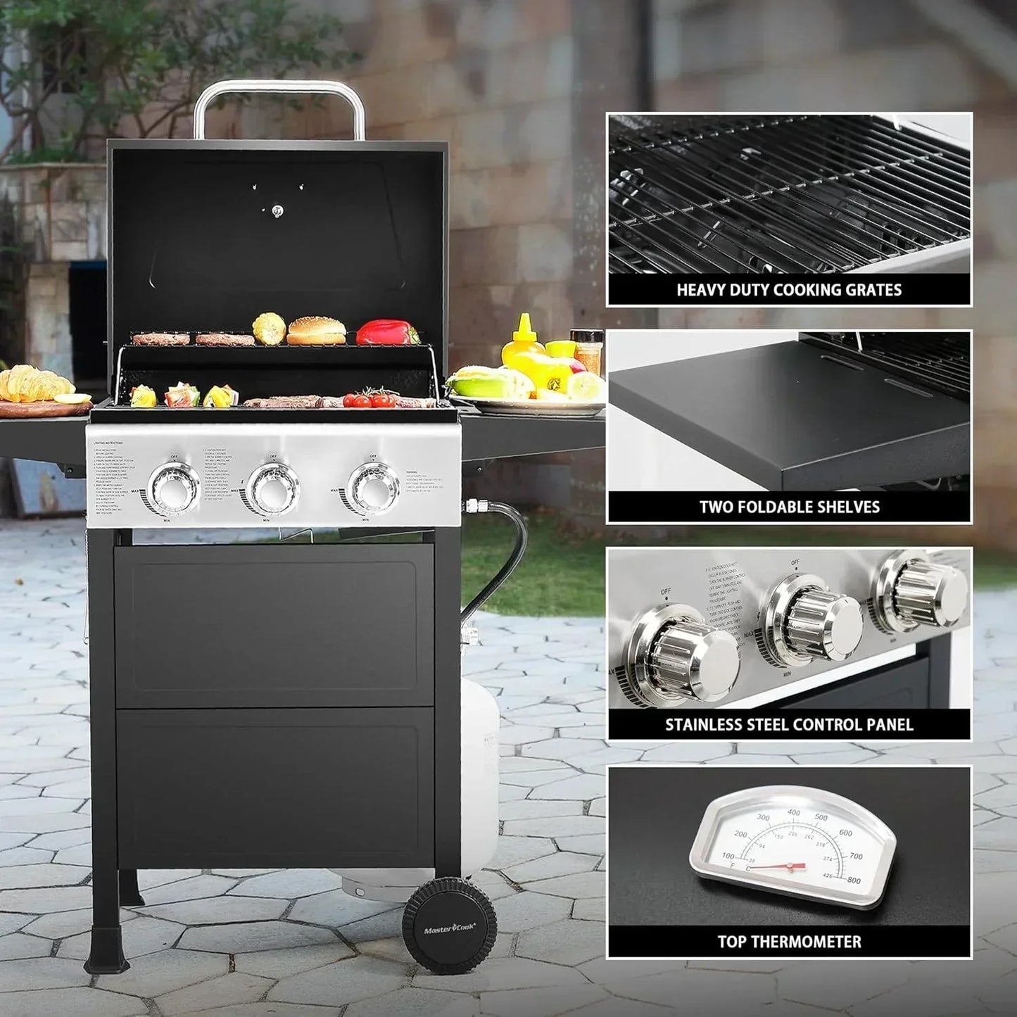3 Burner BBQ Propane Gas Grill, Stainless Steel 30,000 BTU Patio Garden Barbecue Grill with Two Foldable Shelves