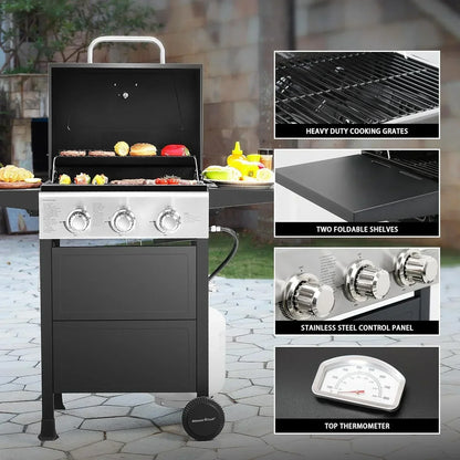 3 Burner BBQ Propane Gas Grill, Stainless Steel 30,000 BTU Patio Garden Barbecue Grill with Two Foldable Shelves