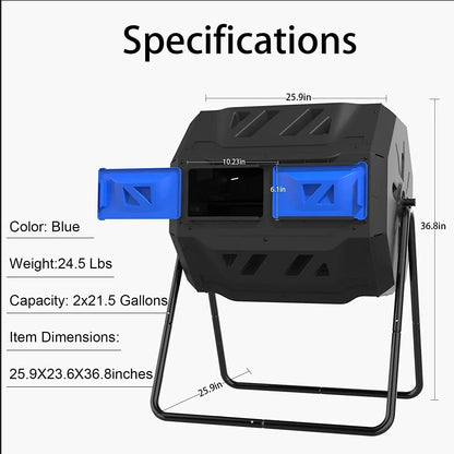 Large Compost Tumbler Bin Dual Compartment Better AirCirculation Efficient Compost BPA Free Sturdy Steel Frame 43Gallon (2 21.5Gal) Blue Door
