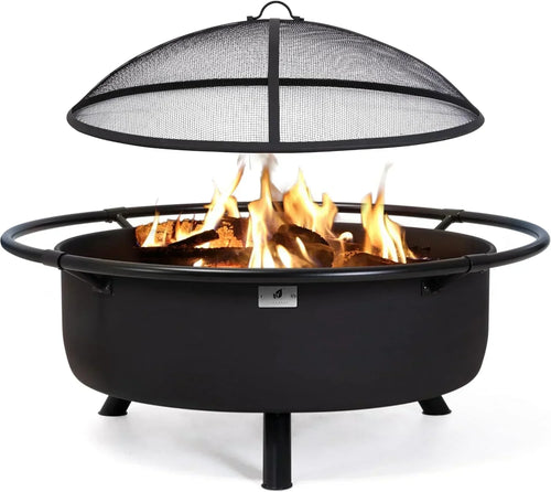 SUNCREAT 42” Patio Fire Pit Wood Burning with Mesh Spark Screen, Bonfire Outdoor firepit with Fireplace Poker, Black