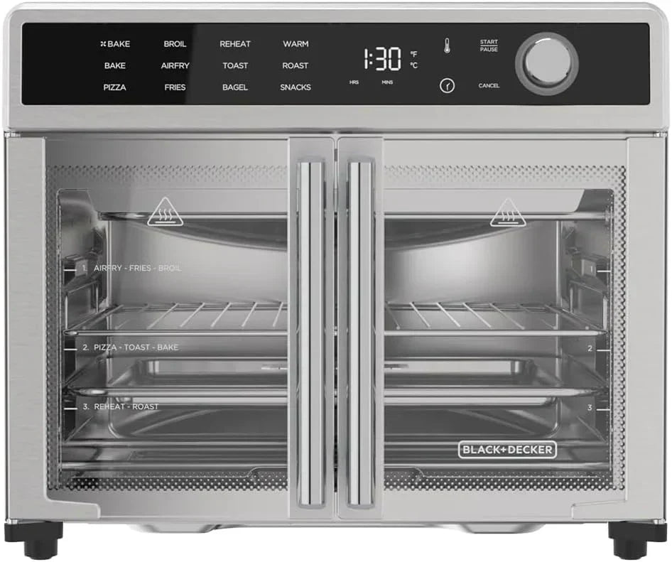 Air Fryer Toaster Oven Combo, 12 in 1 Countertop Convection Oven Cooks Food Fast, Fits a Whole Pizza or 6 Toast Slices, French Doors with Stainless Steel Finish.