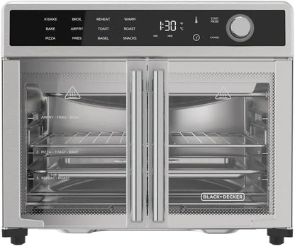 Air Fryer Toaster Oven Combo, 12 in 1 Countertop Convection Oven Cooks Food Fast, Fits a Whole Pizza or 6 Toast Slices, French Doors with Stainless Steel Finish.