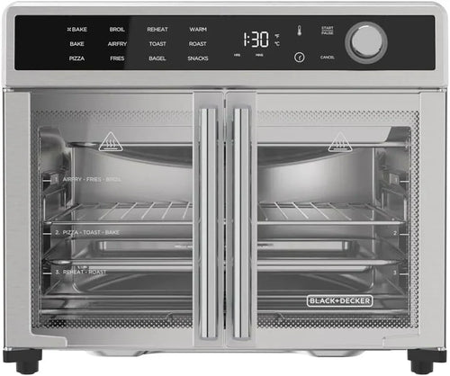 Air Fryer Toaster Oven Combo, 12 in 1 Countertop Convection Oven Cooks Food Fast, Fits a Whole Pizza or 6 Toast Slices, French Doors with Stainless Steel Finish.