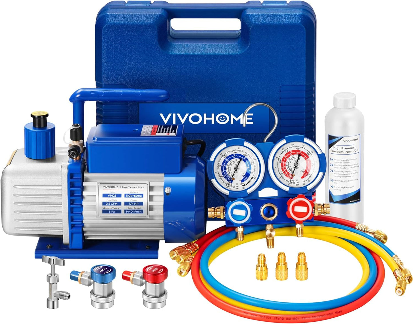 A single-stage rotary vane air vacuum pump with 110V, 1/3 horsepower and 4 cubic feet per minute, as well as an R134a AC manifold pressure gauge kit (with leak detector carry bag), is suitable for HVAC refrigeration and charging applications.