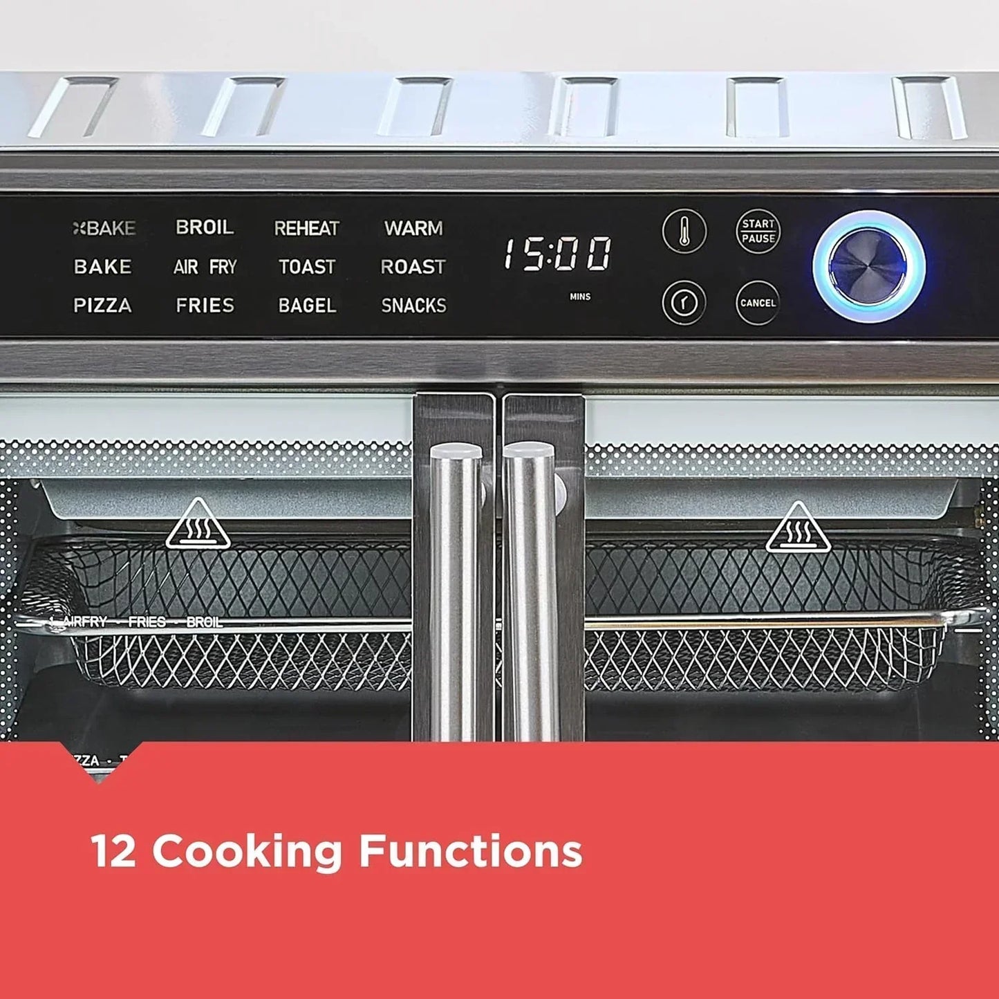 Air Fryer Toaster Oven Combo, 12 in 1 Countertop Convection Oven Cooks Food Fast, Fits a Whole Pizza or 6 Toast Slices, French Doors with Stainless Steel Finish.