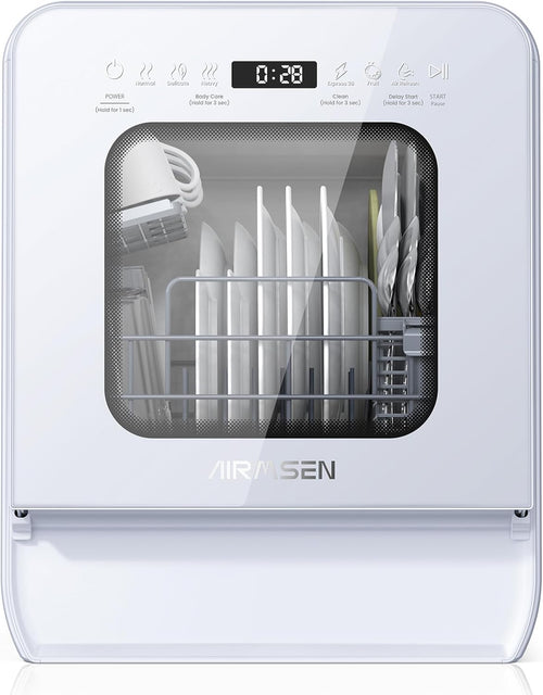 Desktop dishwasher set, double-layer shelf design, portable dishwasher, built-in 5-liter water tank, 3 spray arms, 12-hour delay start, no need to connect power supply, white model