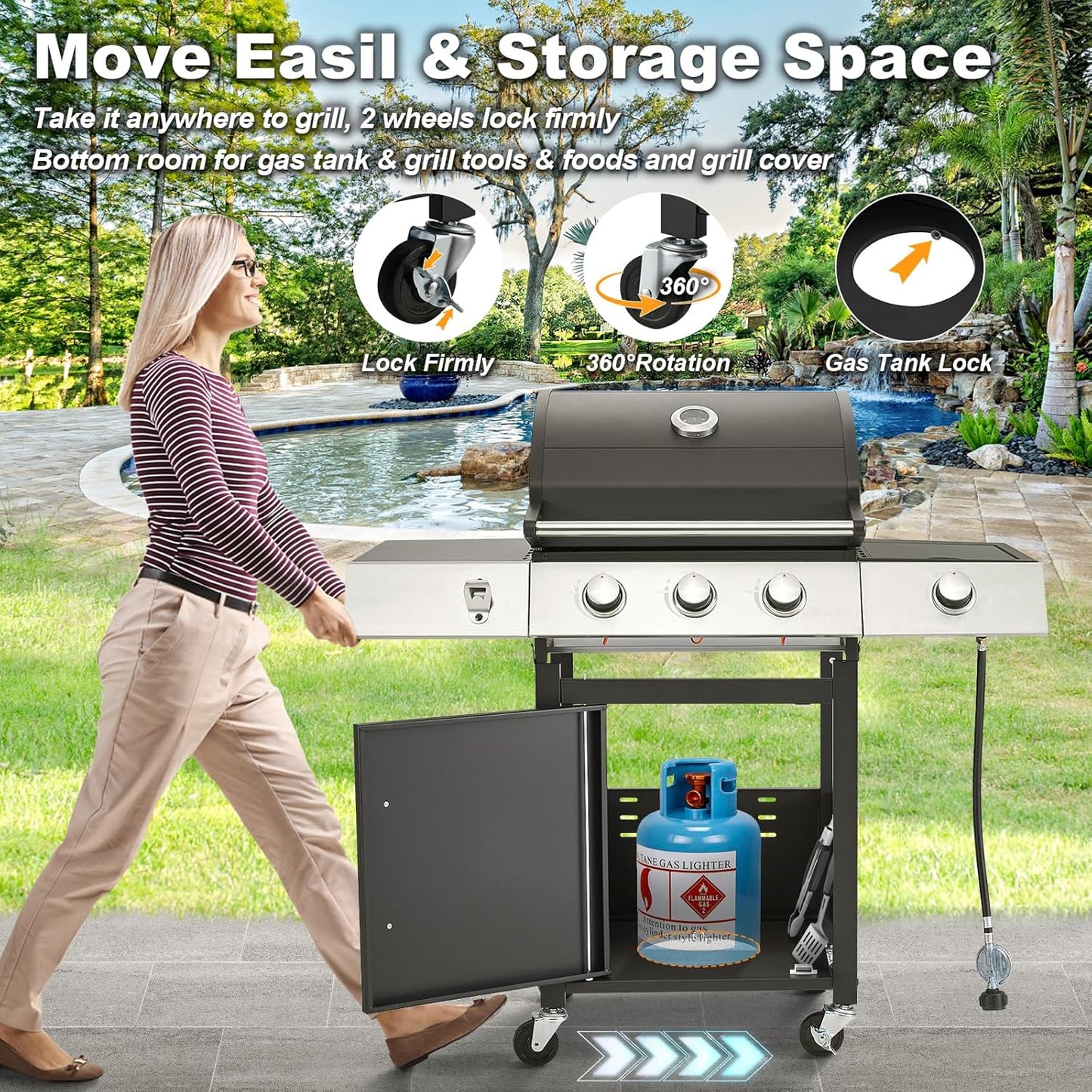 Upgraded 4 Burner BBQ Propane Gas Grill with Cast Iron Grates & Side Stove, 44,000 BTU Stainless Steel Burner Barbecue Grill for Patio, Camping, Outdoor Cooking.