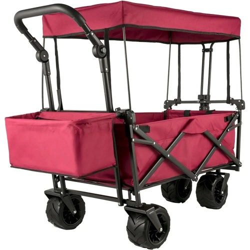 Red Collapsible Wagon Cart with Canopy, 360掳 Wheels, Adjustable Handles, 220 lbs Capacity for Beach & Garden