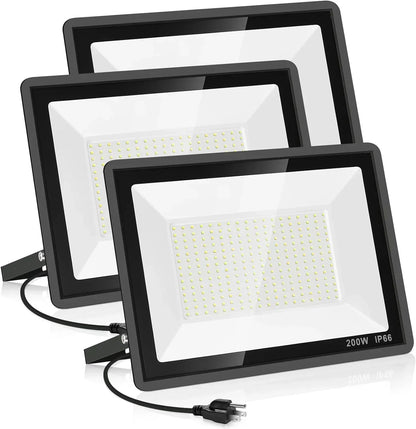 3 Pack 200W LED Flood Light,Super Bright Exterior Security Lights With Plug,IP66 Waterproof Outdoor Flood Light, 22800lm 5000K Daylight White Floodlight for Yard, Garden,Basketball Court, Arena