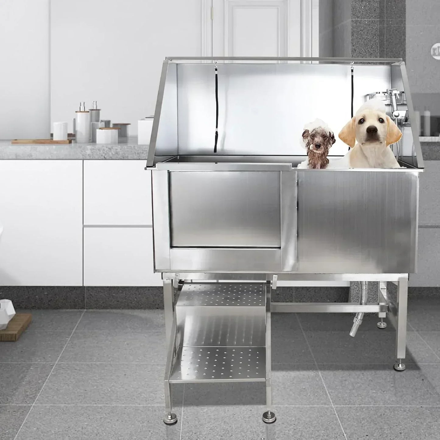 Professional Stainless Steel Dog Grooming Tub with Ramp, Faucet & Sprayer – 50” Pet Wash Station