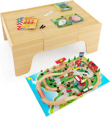 The dual-function wooden children's activity table with storage function, featuring 100 colorful components, tracks, trains, and cars, is a children's train table set suitable for children aged 3 and above. It has a flip-up tabletop and is a gift for
