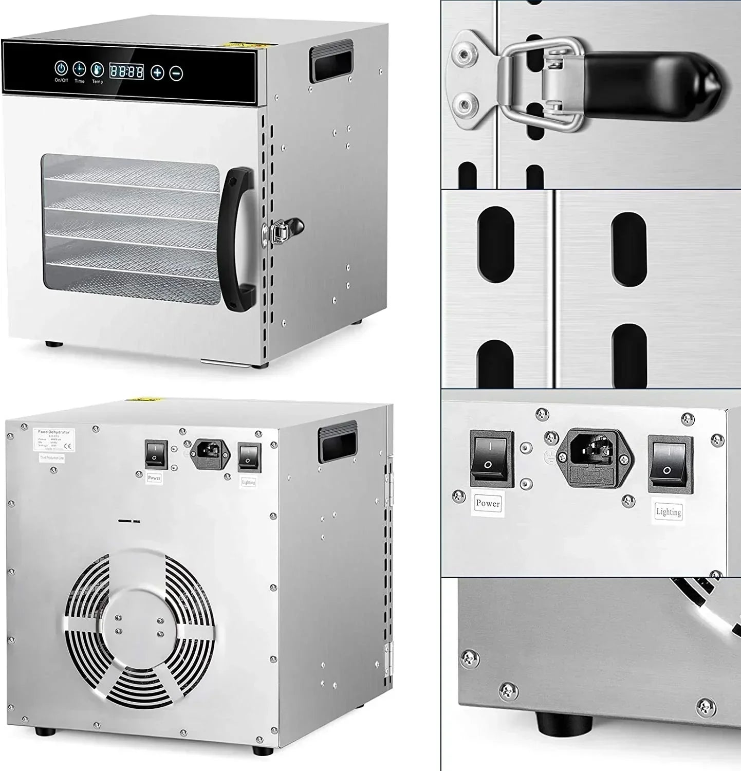 Tray Food Dehydrator, Steel Fruit Dry Machine with 30 90∼C Adjustable Thermostat, 24hr Digital Timer