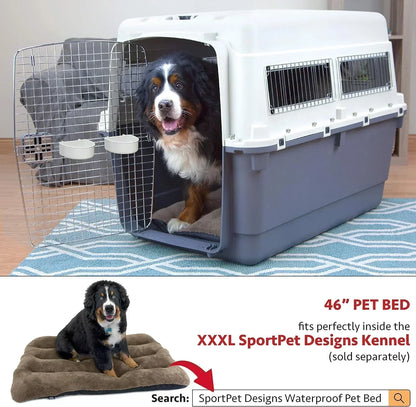SportPet Designs Plastic Kennels Rolling Plastic Airline Approved Wire Door Travel Dog Crate, XXX-Large, Gray
