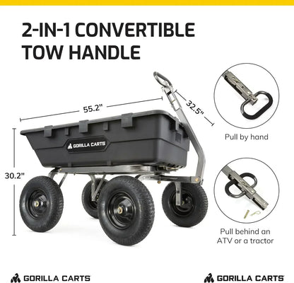 Heavy Duty Poly Utility Dump Wagon Garden Cart w/Pneumatic Tires, 6 Cu Ft - 1200 lb Capacity Outdoor Wheelbarrow for Yard, Landscaping & Gardening, Lawn Tractor or ATV Towable-Gorilla Carts