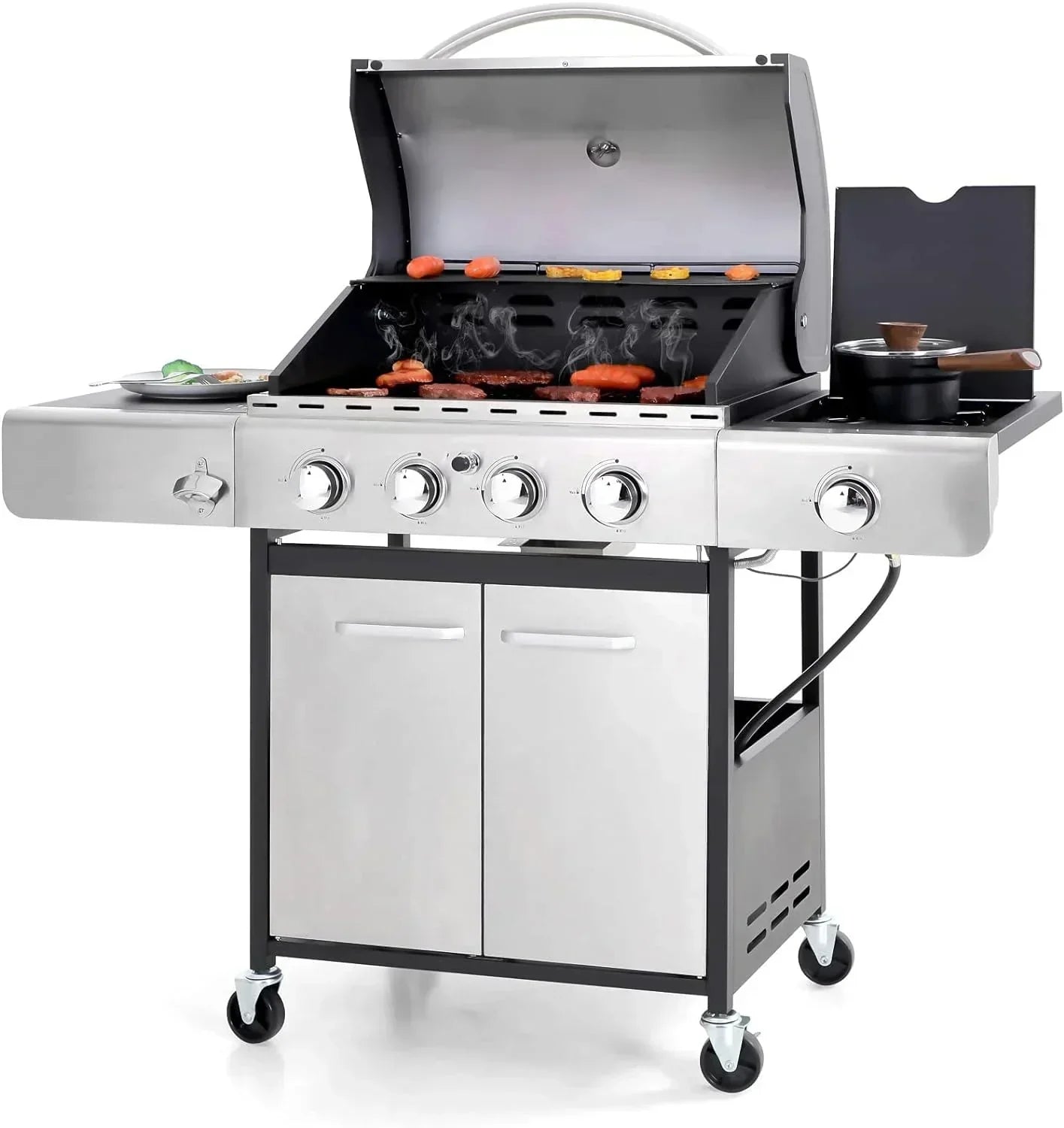 Burner Gas grill with side burner and enameled cast iron grille 42,000BTU outdoor cooking stainless steel propane grill Garden grill, silver