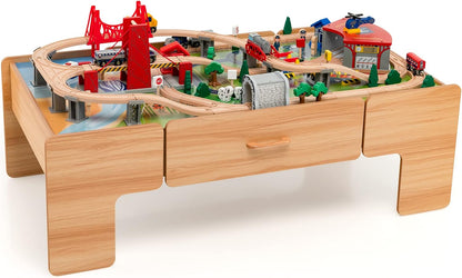The dual-function wooden children's activity table with storage function, featuring 100 colorful components, tracks, trains, and cars, is a children's train table set suitable for children aged 3 and above. It has a flip-up tabletop and is a gift for