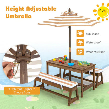 Wooden Kids Picnic Table Bench Set Children Outdoor Activity Table with Cushions & Height Adjustable Umbrella