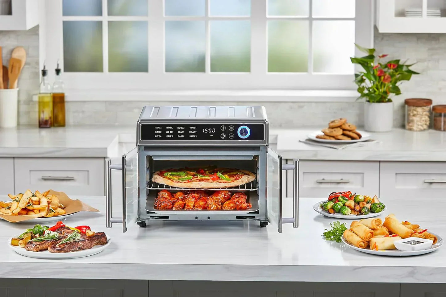 Air Fryer Toaster Oven Combo, 12 in 1 Countertop Convection Oven Cooks Food Fast, Fits a Whole Pizza or 6 Toast Slices, French Doors with Stainless Steel Finish.